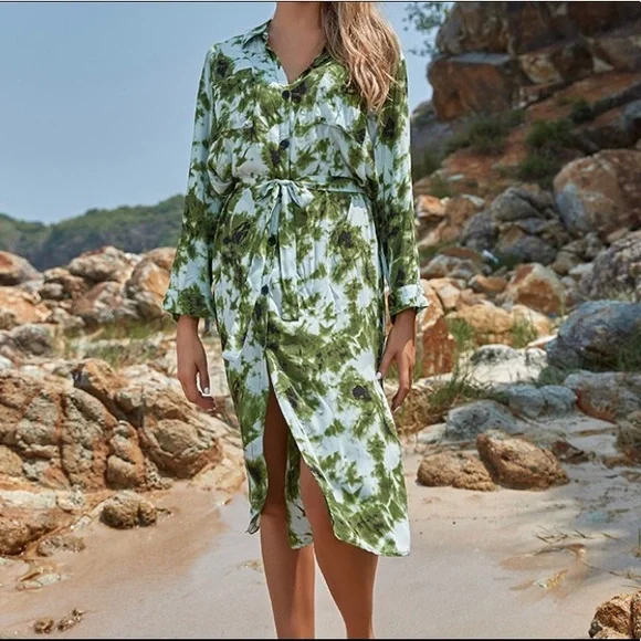 Green Coverup Long Sleeve collared shirt Swimsuit ButtonDown - Picture 4 of 12